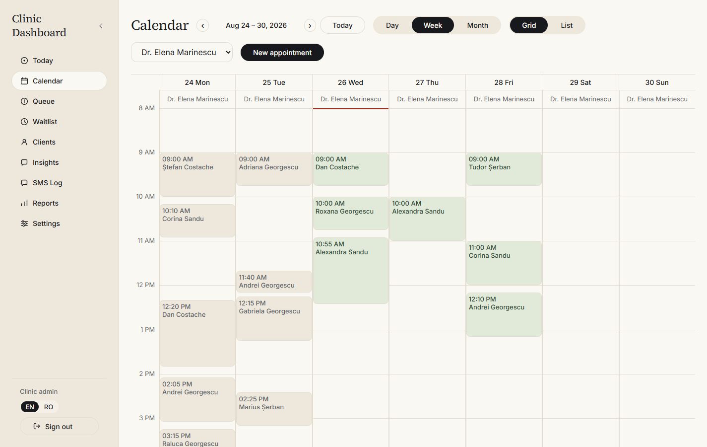 A week view of the clinic calendar, split by practitioner.