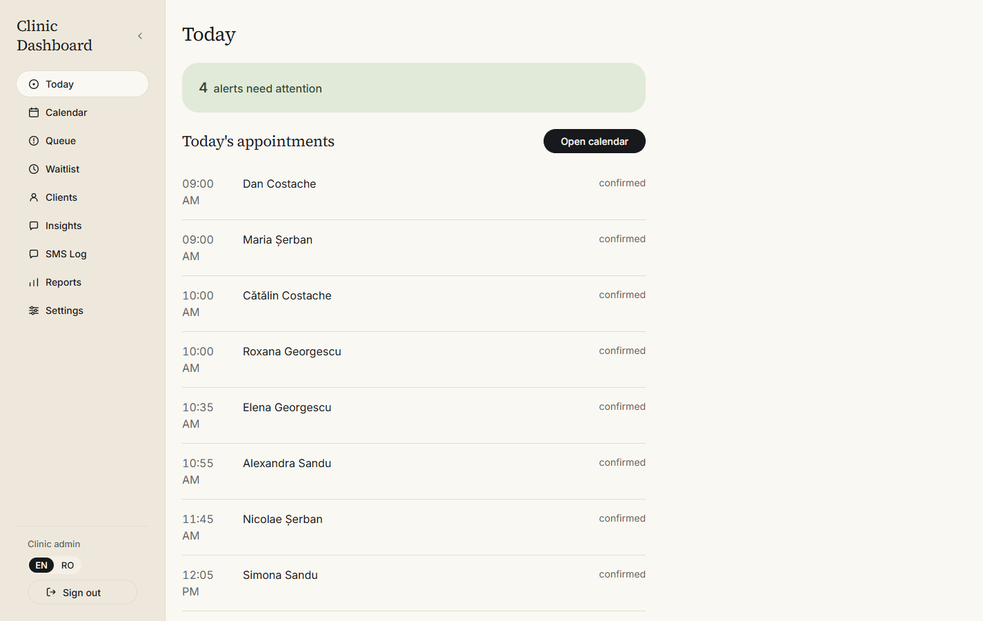 The appointments for today, with anything needing attention called out at the top.