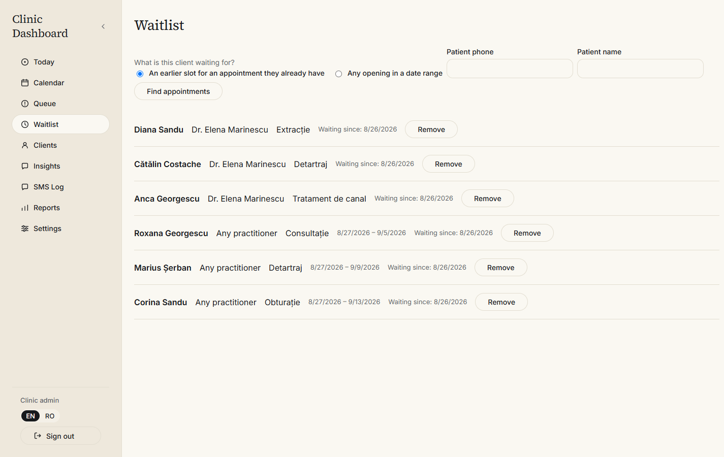 The waiting list, showing patients waiting for a specific slot and for any opening.